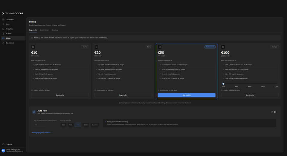 Review Spaces Admin billing with credit packages, invoices, and auto-refill controls