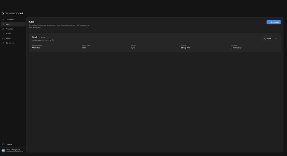 Keys view showing a Studio key and its allowed models and credit usage
