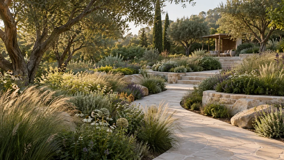 Layered garden planting and sculptural trees alongside a winding pale stone path