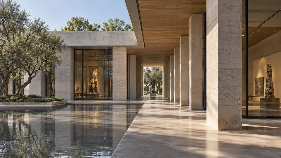 An architectural photograph of a contemporary pavilion with crisp geometry and sculpted daylight