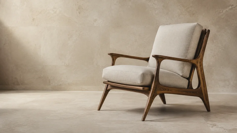 Complete sculptural walnut and linen lounge chair in a pale stone studio