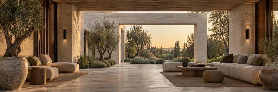 Contemporary garden loggia in warm evening light