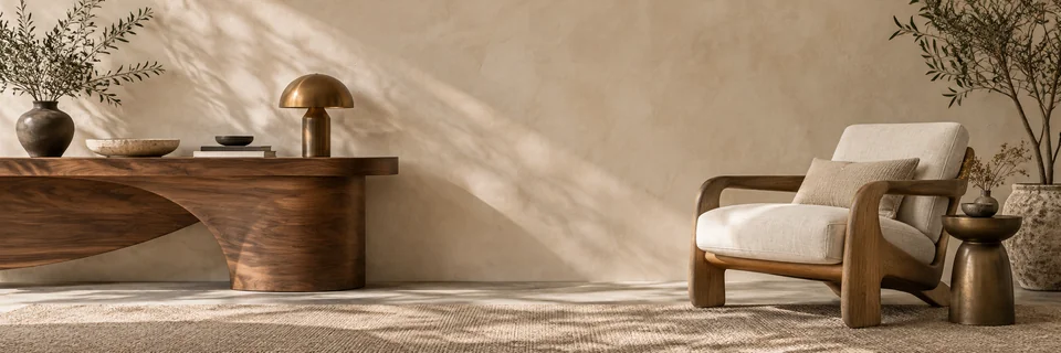Sculptural walnut console and an oak and linen lounge chair