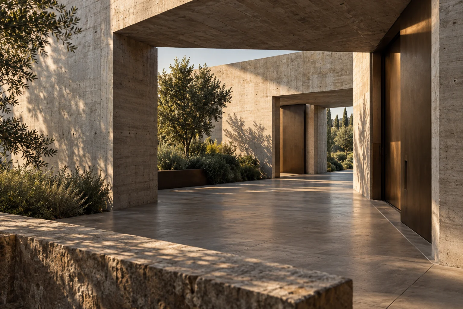 Oblique view through a concrete pavilion with layered portals and bronze doors