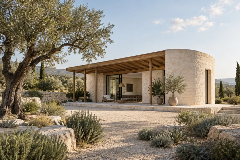 Illustrative architectural concept of a limestone pavilion with an olive tree and warm afternoon light