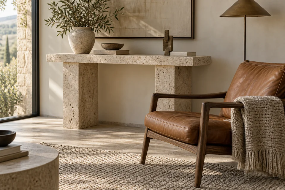 Illustrative close material study of travertine, walnut, cognac leather, and woven wool