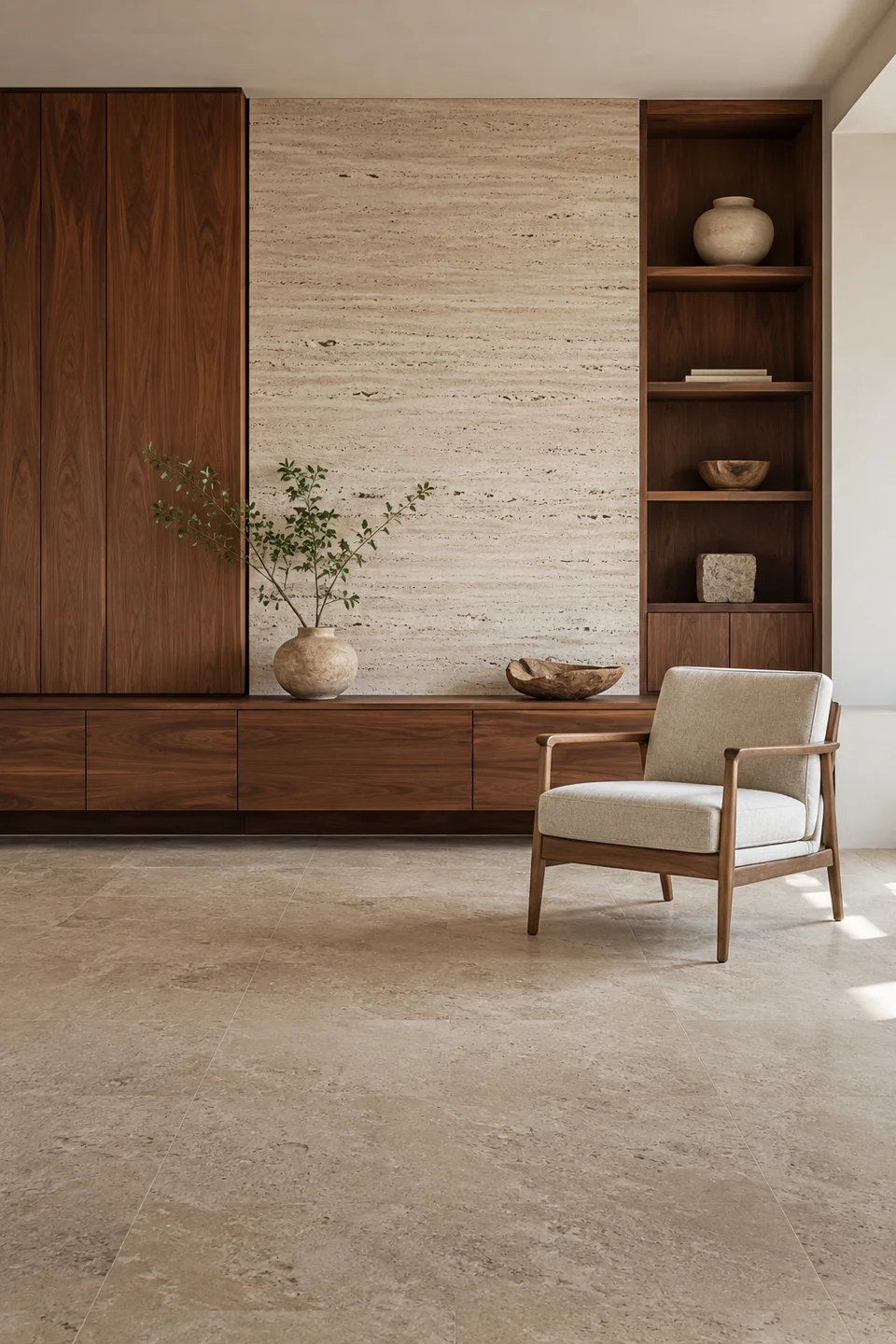 Interior material study with travertine, walnut, and a linen chair